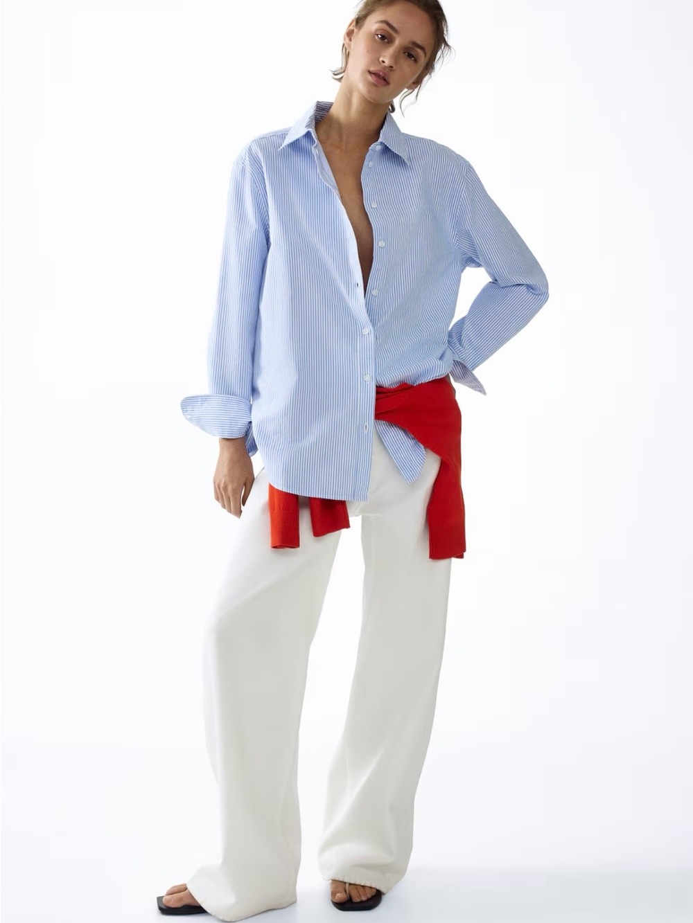 H&M Oversized Oxford Button-down Cotton Shirt in Blue & White Stripe Size Medium